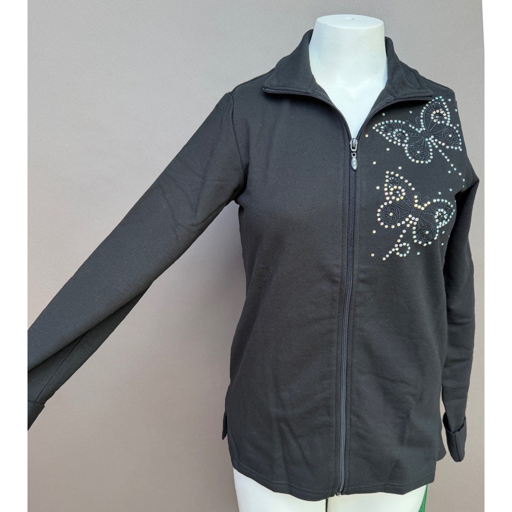 Quacker Factory XS Black Butterfly Rhinestone Zip Up Jacket Fairycore Sparkle 80